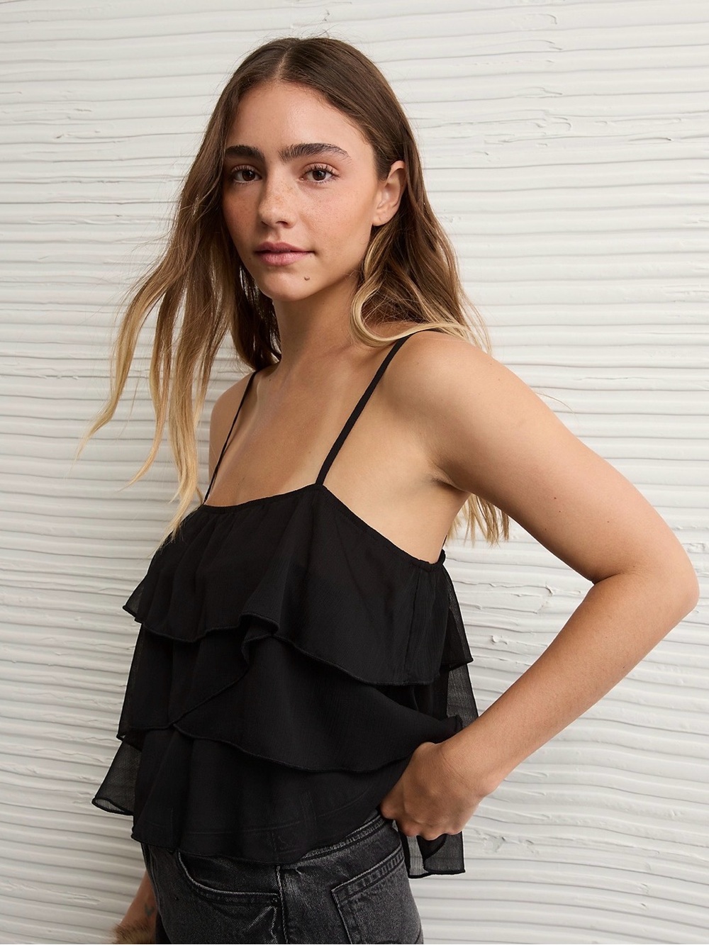 AE Black Ruffle Chiffon Spaghetti Strap Top